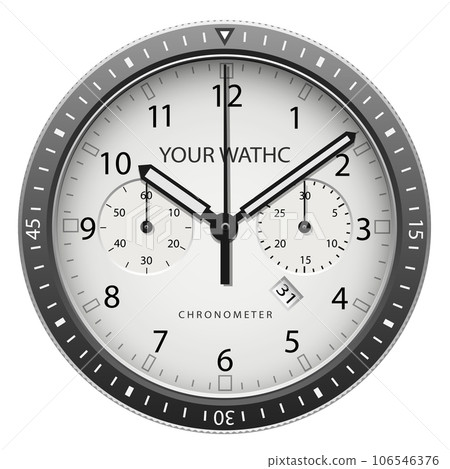 Realistic watch clock chronograph silver face dashboard black on white design classic luxury vector 106546376