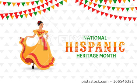 Dancing woman on national hispanic heritage month festival banner. Vector background with flag garlands and young female character dancer wear traditional dress perfotm expressive flamenco dance Dancing woman on national hispanic heritage month festival banner. Vector background with flag garlands and young female character dancer wear traditional dress perfotm expressive flamenco dance 106546381