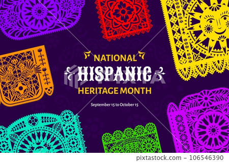 National hispanic heritage month festival banner with papel picado flags. Mexican and Spanish carnival banner, Hispanic heritage holiday vector flyer with mexican papel picado paper cut garland National hispanic heritage month festival banner with papel picado flags. Mexican and Spanish carnival banner, Hispanic heritage holiday vector flyer with mexican papel picado paper cut garland 106546390