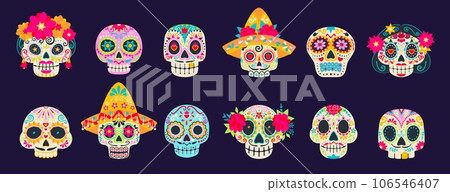 Dia de los muertos holiday mexican calavera sugar skulls. Day of dead festival skulls. Cartoon vector set of traditional calaca heads for Death celebration. Male or female craniums with floral pattern 106546407