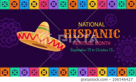 Sombrero hat and papel picado flags, national hispanic heritage month festival banner. Vector background for celebration annual event honoring the rich cultural contributions of spanish community 106546427