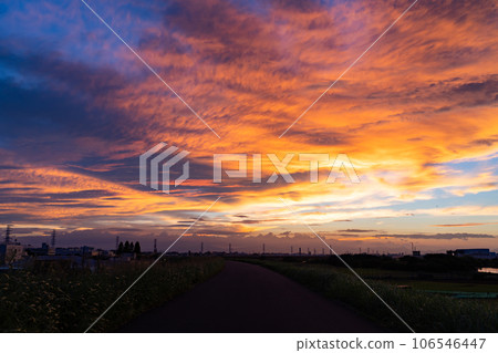 [東京]夕陽的天空和荒川河床 106546447