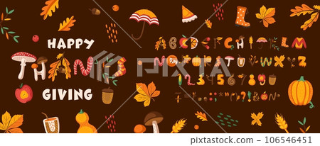 Cartoon autumn font, Thanksgiving type, autumnal fall typeface, harvest holiday english alphabet. Vector typography abc font, autumn leaves letters and numbers with Thanksgiving pie, rain, mushroom Cartoon autumn font, Thanksgiving type, autumnal fall typeface, harvest holiday english alphabet. Vector typography abc font, autumn leaves letters and numbers with Thanksgiving pie, rain, mushroom 106546451