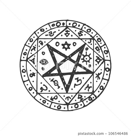 Esoteric amulet, tarot magic circle mason talisman. Vector occult talisman with magic aztec signs, esoteric mystic spiritual sacred mystery circle Esoteric amulet, tarot magic circle mason talisman. Vector occult talisman with magic aztec signs, esoteric mystic spiritual sacred mystery circle 106546486