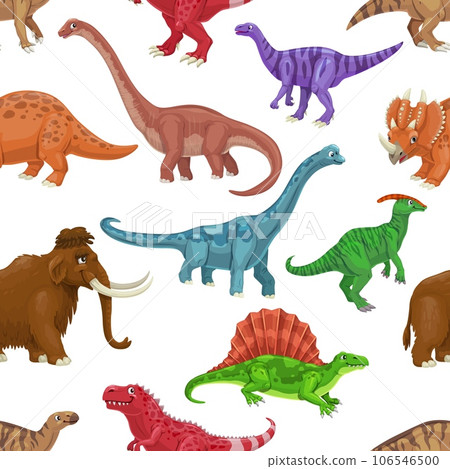Cartoon dinosaur characters seamless pattern. Textile vector backdrop, fabric print with Tarbosaurus, Dimetrodon, Parasaurolophus and Centrosaurus, Plateosaurus dinosaurs, reptiles funny personages 106546500