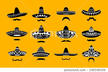 Mexican sombrero hat icons and moustaches. Vector charro, cowboy or musician caps and whiskers isolated monochrome signs representing culture, folklore, and traditions of Mexico and Latin America Mexican sombrero hat icons and moustaches. Vector charro, cowboy or musician caps and whiskers isolated monochrome signs representing culture, folklore, and traditions of Mexico and Latin America 106546508