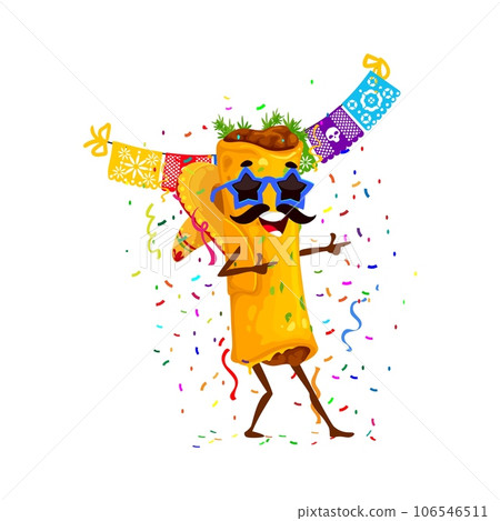 Mexican Tex Mex enchilados character on holiday party. Birthday holiday celebration party cartoon vector cheerful personage of Mexican food enchilados meal dancing in sombrero hat and sunglasses Mexican Tex Mex enchilados character on holiday party. Birthday holiday celebration party cartoon vector cheerful personage of Mexican food enchilados meal dancing in sombrero hat and sunglasses 106546511
