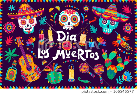 Day of the dead dia de los muertos mexican holiday banner with calavera skulls in sombrero, tropical flowers and musical instruments. Vector greeting card with calaca heads, in cartoon alebrije style Day of the dead dia de los muertos mexican holiday banner with calavera skulls in sombrero, tropical flowers and musical instruments. Vector greeting card with calaca heads, in cartoon alebrije style 106546577