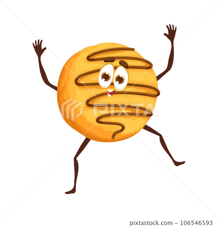 Cartoon cookie funny character. Sweet pastry dancing personage, isolated cute dessert snack vector mascot or happy smiling round cookie with chocolate cream icing cheerful character 106546593