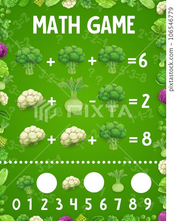 Math game worksheet, cartoon broccoli, kohlrabi and cauliflower cabbage vegetables, vector mathematics quiz. Kids math game puzzle worksheet for addition, subtraction and calculation skills training Math game worksheet, cartoon broccoli, kohlrabi and cauliflower cabbage vegetables, vector mathematics quiz. Kids math game puzzle worksheet for addition, subtraction and calculation skills training 106546779