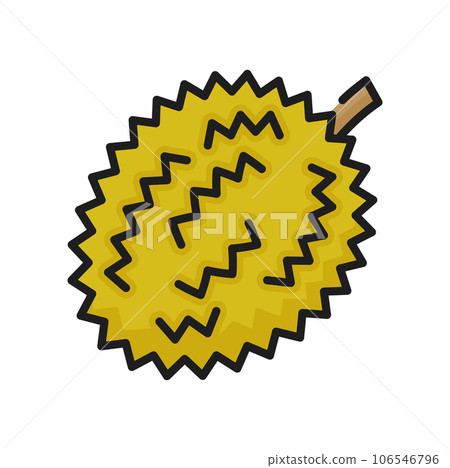 Yellow tropical durian exotic fruit isolated food dessert color line icon. Vector smelling fruit, outline breadfruit jackfruit with spikes, vegetarian snack Yellow tropical durian exotic fruit isolated food dessert color line icon. Vector smelling fruit, outline breadfruit jackfruit with spikes, vegetarian snack 106546796