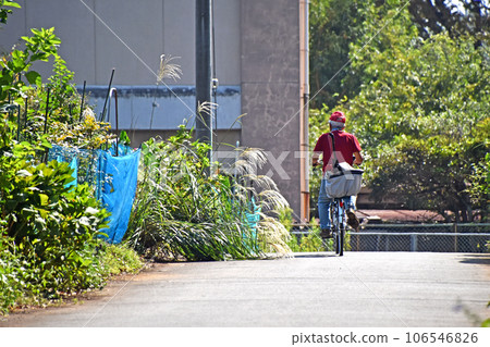 A cheerful senior who goes away on a bicycle in the sunny autumn weather 106546826