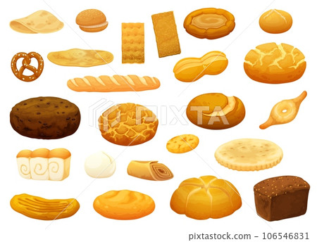 Isolated bread and bakery. Bakery crusty products, bakehouse fresh pastry or bakeshop freshly baked cartoon vector bread. Isolated pretzel, burger bun, chapati, tandoor flatbread and barmbrack Isolated bread and bakery. Bakery crusty products, bakehouse fresh pastry or bakeshop freshly baked cartoon vector bread. Isolated pretzel, burger bun, chapati, tandoor flatbread and barmbrack 106546831