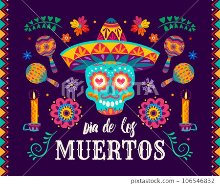 Calavera skull, tropical flowers and maracas on Dia de los Muertos banner. Dia de Los Muertos carnival vector background with musical instrument, ornate sugar skull in sombrero hat, marigold flower Calavera skull, tropical flowers and maracas on Dia de los Muertos banner. Dia de Los Muertos carnival vector background with musical instrument, ornate sugar skull in sombrero hat, marigold flower 106546832