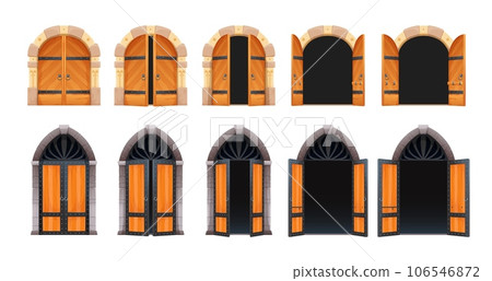 Cartoon castle open gate or door motion animation. Vector medieval palace or house entrance wooden arch animate sprite sheet of opening and closing, old stone doorway or wood gateway sequence frame Cartoon castle open gate or door motion animation. Vector medieval palace or house entrance wooden arch animate sprite sheet of opening and closing, old stone doorway or wood gateway sequence frame 106546872