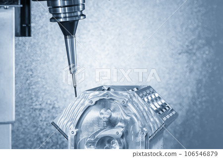 Close up scene the 5-axis machining center cutting the V8 engine cylinder block with solid ball end mill tool. 106546879