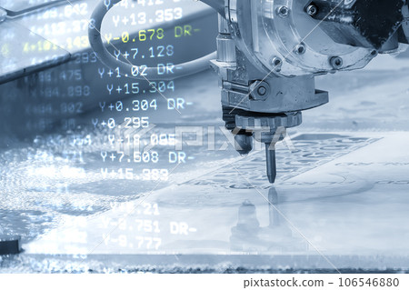Abstract scene of multi-axis abrasive waterjet cutting machine and G-code data background. 106546880