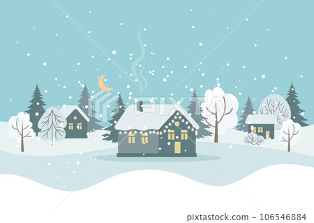 Winter landscape with cute houses, trees and night sky with moon, Merry Christmas greeting card template. Illustration in flat style. Vector Winter landscape with cute houses, trees and night sky with moon, Merry Christmas greeting card template. Illustration in flat style. Vector 106546884