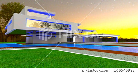 Blue night illumination of the modern property exterior. Distant sunrise is on the background. 3d rendering. Blue night illumination of the modern property exterior. Distant sunrise is on the background. 3d rendering. 106546985