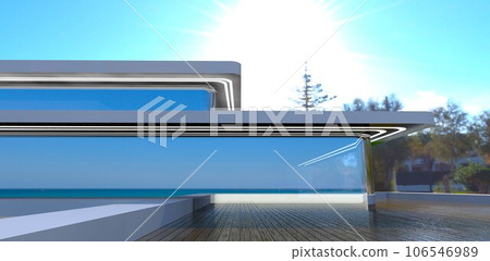 Bright tropical sun above the decking as a terrace cover on rooftop of the luxury villa with glass facade. 3d rendering. Bright tropical sun above the decking as a terrace cover on rooftop of the luxury villa with glass facade. 3d rendering. 106546989