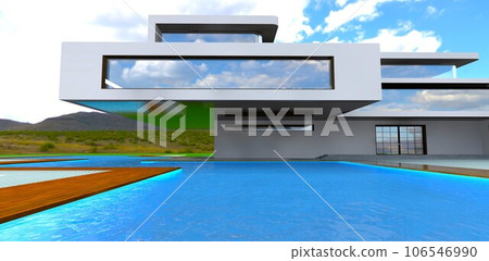 Cantilevered structure of the second floor above the swimming pool of the contemporary property against the hilly landscape. 3d rendering Cantilevered structure of the second floor above the swimming pool of the contemporary property against the hilly landscape. 3d rendering 106546990