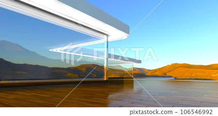 Concept of the rooftop terrace of the elite private mansion. Decked floor and panoramic glass facade reflecting mountains landscape. 3d rendering. Concept of the rooftop terrace of the elite private mansion. Decked floor and panoramic glass facade reflecting mountains landscape. 3d rendering. 106546992