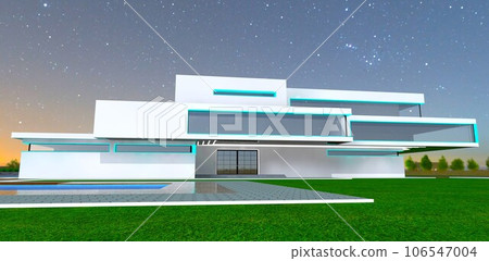Entrance to a white exterior house at night. Turquoise LED stripe as a decor. Starry sky above. 3d rendering. 106547004