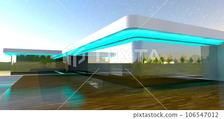 Glass exterior of the stylish suburban property with glowing LED decor reflected on the decked terrace floor. 3d rendering. Glass exterior of the stylish suburban property with glowing LED decor reflected on the decked terrace floor. 3d rendering. 106547012