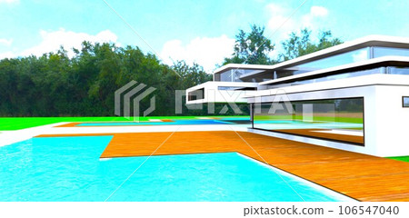 Pool lakes with turquoise water ont the territory of the newly built advanced property against the green forest. 3d rendering. 106547040