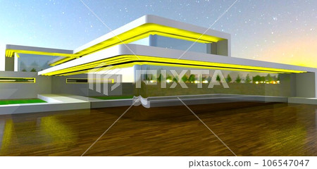 Reflection of yellow glowing facade decor on the decked terrace of the contemporary private mansion with glass panoramic facade. 3d rendering. 106547047