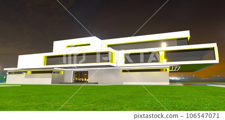 Yellow long LED stripes as a windows frames illumination. Night decor of the contemporary real estate. 3d rendering. Yellow long LED stripes as a windows frames illumination. Night decor of the contemporary real estate. 3d rendering. 106547071