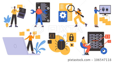 Software testing scenes. Web development... - Stock Illustration ...