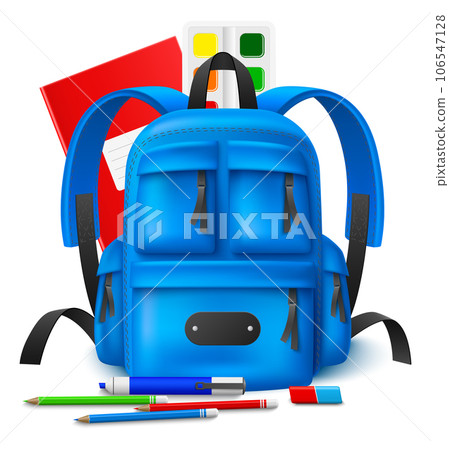 School tools. Realistic backpack with stationery. Pencils and paint palette. Students notebook. Felt-tip marker and eraser. Pupils knapsack. Educational accessories. Vector concept School tools. Realistic backpack with stationery. Pencils and paint palette. Students notebook. Felt-tip marker and eraser. Pupils knapsack. Educational accessories. Vector concept 106547128