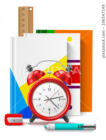School tools. Office stationery. Color hardcover notepads. Alarm clock. Sharpener and ruler. Studying paper organizer. 3D students pocketbook. Educational accessories. Vector concept School tools. Office stationery. Color hardcover notepads. Alarm clock. Sharpener and ruler. Studying paper organizer. 3D students pocketbook. Educational accessories. Vector concept 106547149