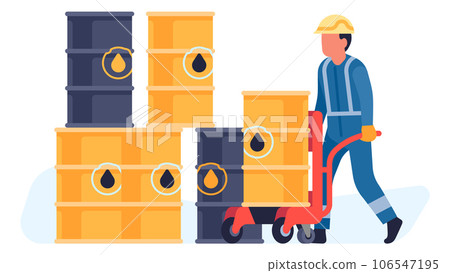 Oil petroleum industry. Man carry petrol barrels. Refinery plant worker in uniform. Metal containers stack. Oilman loading gasoline cask with trolley. Warehouse shipment. Vector concept 106547195