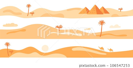 Egyptian landscapes seamless borders. Desert scenery. Sands dunes with ancient pyramids. Palm trees and camels. Dry climate. Sky clouds and sun. African Sahara panorama. Garish vector set Egyptian landscapes seamless borders. Desert scenery. Sands dunes with ancient pyramids. Palm trees and camels. Dry climate. Sky clouds and sun. African Sahara panorama. Garish vector set 106547253