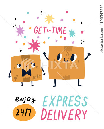 Delivery box poster. Cardboard containers. Cartoon character with happy face. Cargo transportation. Express shipping business. Carton parcel mascot. Courier shipment service vector banner Delivery box poster. Cardboard containers. Cartoon character with happy face. Cargo transportation. Express shipping business. Carton parcel mascot. Courier shipment service vector banner 106547281
