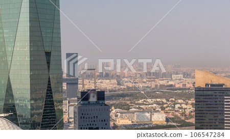Bur Dubai and Deira districts aerial timelapse viewed from financial district. Bur Dubai and Deira districts aerial timelapse viewed from financial district. 106547284