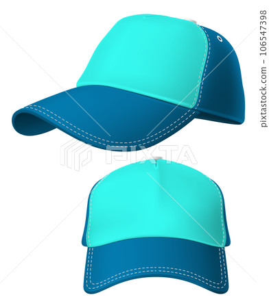 Color baseball. Realistic cap. Blue visor. Head clothing. Sport accessory. Unisex textile hat. Modern headgear front and side view. Headwear mockup for branding. Vector apparel object Color baseball. Realistic cap. Blue visor. Head clothing. Sport accessory. Unisex textile hat. Modern headgear front and side view. Headwear mockup for branding. Vector apparel object 106547398