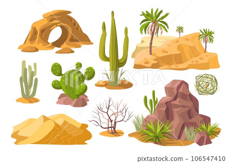 Cartoon desert elements. Sand dune. Stones and agave. Cacti and rocks. Hot and dry climate zone objects. Canyon landscape items. Sahara panorama. Tumbleweed plant. Splendid vector set 106547410