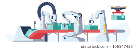 Assembly line. Automatic robotic production. Robotic packaging machines with crane manipulators. Delivery drone with box. Manufacturing automation conveyor. Vector factory equipment 106547426