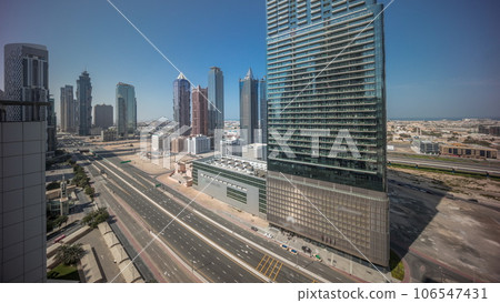 Business bay district skyline with modern architecture timelapse from above. 106547431