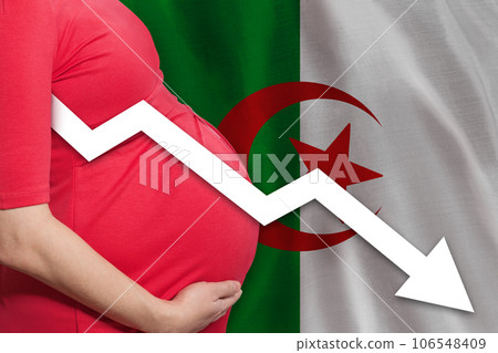 Pregnant woman on Algerian flag background. Falling fertility rate 106548409