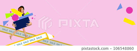 Contemporary art collage. Stylishly dressed woman going with geometric figures symbolizing purchases. Concept of Black Friday. Shopping. banner Contemporary art collage. Stylishly dressed woman going with geometric figures symbolizing purchases. Concept of Black Friday. Shopping. banner 106548860