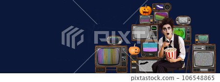 Banner, poster. Happy Halloween. Human, woman with scary make-up sitting with TV sets, pumpkins and bats, eating popcorn. Ad. 106548865