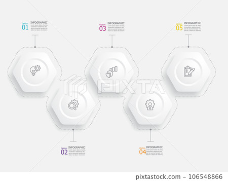horizontal round hexagon steps timeline infographic element report background with business line icon 5 steps 106548866