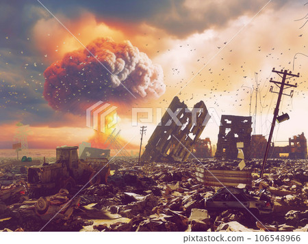 Nuclear explosion at the horizont. Ruined megapolis. Nuclear explosion at the horizont. Ruined megapolis. 106548966