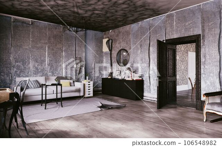 living room burned after fire. living room burned after fire. 106548982