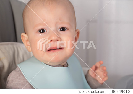 A little boy at the age of 8 months is crying and looking at the camera. Pain and discomfort during teething in infants. Copy space for text 106549010