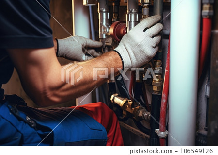 Plumber conducts an inspection and repairs the central heating system Plumber conducts an inspection and repairs the central heating system 106549126